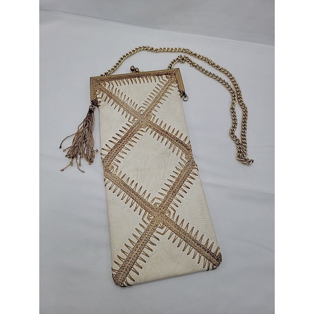 Vintage White Leather Patchwork Handbag Chain Strap Kisslock 13"×5.5